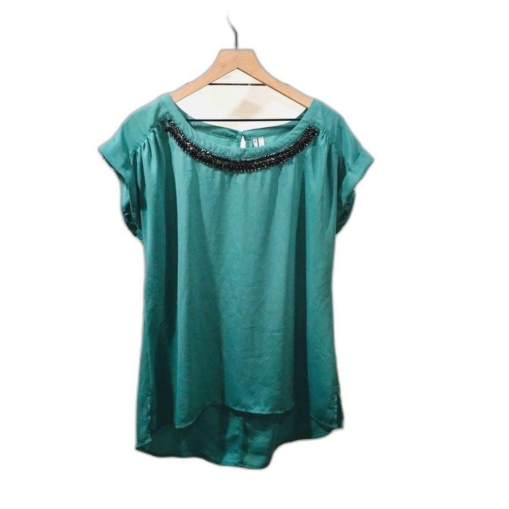 Studio Y Teal Embellished Neckline Blouse Size Large L Dressy Top